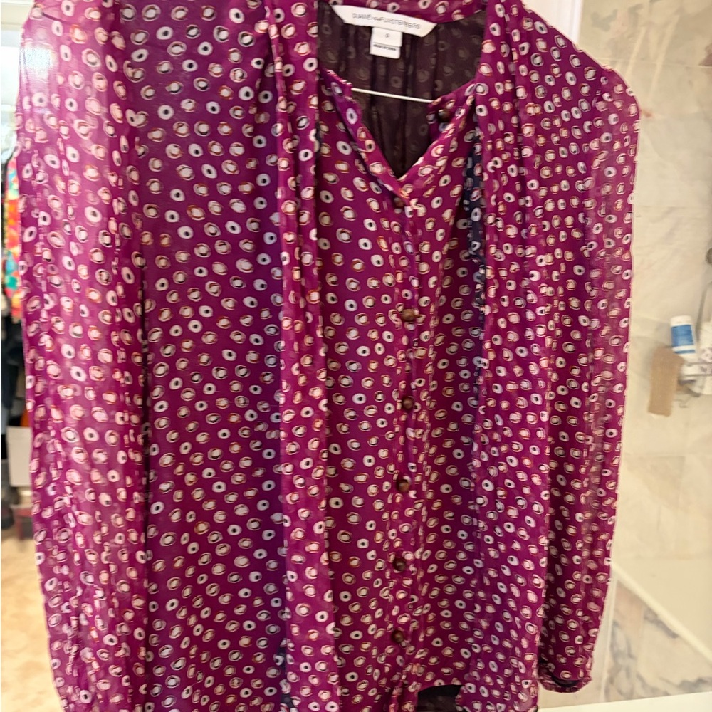 Diane Von Furstenberg Silk  Purple Sheer Polka Dot Blouse